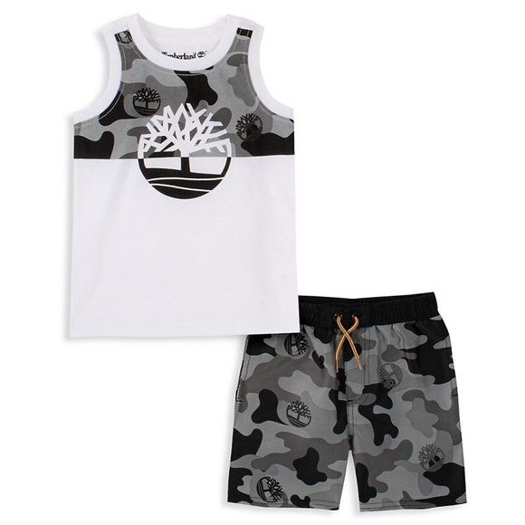 NEW Timberland Kid Toddler Swim Trunks & Muscle Tee Tank Black Gray Camo Set - Picture 1 of 3